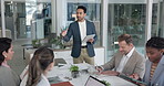 Presentation, tablet and businessman with team in office for planning revenue growth with investment. Meeting, technology and financial manager with advisors for training on stock market in workplace