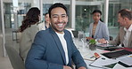 Happy, meeting and face of businessman in office for planning finance report in collaboration. Smile, discussion and portrait of financial manager with team for investment growth in workplace.