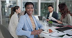 Happy, discussion and face of businesswoman in office for planning finance report in collaboration. Smile, meeting and portrait of financial manager with team for investment growth in workplace.