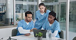 Clinic, medical and nurses with laptop for meeting, diagnostic review or case discussion on CT scan. Health team, people and tech for pathology report, patient care planning and test results on EHR