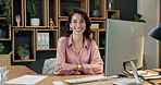 Face, computer and happy woman with confidence in office, laugh or career satisfaction as accountant. Smile, arms crossed and mature person with tech, financial auditor and business experience in USA