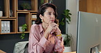 Computer, problem solving and business woman in office, typing email or review accounting report. Desktop, mature person and accountant reading records for budget planning, financial idea or thinking