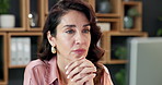 Thinking, business and woman in office with computer, research and email for real estate. Mature person, realtor and ideas in workplace with pc, pricing property and online inquiry of resale listing