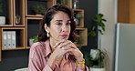 Computer, thinking and business woman in office, reading email or review accounting report. Desktop, mature person and accountant in workplace for budget planning, financial idea or problem solving