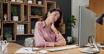 Accounting, burnout and neck pain with business woman at desk in office for financial investment. Computer, cramp and muscle fatigue with mature employee in workplace for finance or wealth management
