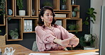 Computer, finance and stretching with business woman at desk in office to finish budget report. Done, hands behind head and wealth management with mature employee in workplace for online investment