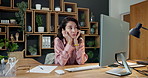 Bored, employee and woman with computer in office, reflection or accountant with tax season fatigue. Bookkeeper, burnout and business person with technology, thinking and waiting for email feedback