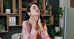 Accounting, cramp and neck pain with business woman at desk in office for financial investment. Burnout, computer and muscle fatigue with mature employee in workplace for finance or wealth management