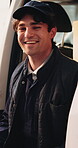 Logistics, face and man in van with laugh, dispatch profession and pride in courier service. Confidence, happy and delivery worker with humor, freight distribution and about us in supply chain.