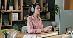 Happy, video call and businesswoman in office with computer for communication or finance webinar. Headphones, waving and financial manager with tech for online meeting for investment planning.