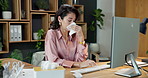 Blowing nose, computer and finance with business woman at desk in office for investment review. Tissue, typing and viral infection with mature employee in financial workplace for risk management