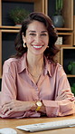 Face, woman and arms crossed in office with computer, smile and experience for brand management job. Happy, mature person and PR manager in business with desktop, internet connectivity and about us.