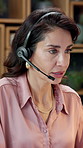 Woman, speaking and virtual assistant in office with headset, network or advice for customer service. Consultant, mature person and conversation in business with tech, online contact or admin support