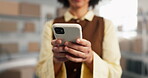 Hands, woman or phone in small business for logistics, driver update or track package in shipping. Supply chain, person and typing on mobile app for route search, digital invoice or delivery schedule