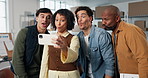 Happy, team and selfie of people for supply chain, logistics and about us at distribution business. Silly face, office and workers with photo for memory, website and social media at shipping startup