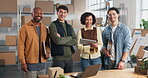 Face, logistics and happy team with tablet and clipboard for inventory, management and stockroom. Men, woman and diversity with laugh in warehouse for paper log, storage and stock distribution app