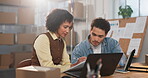 Small business, checklist and team with laptop for logistics training, order processing or workflow. Tech, new hire and woman with clipboard for shipping procedure, delivery scheduling or onboarding