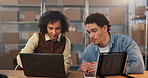 Small business, advice or team on laptop for logistics training, order processing or route planning. Explain, new hire and woman with tech for stock levels, delivery scheduling and system integration