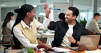 Happy, people and team with high five in office for financial success, winning or celebration. Businessman, woman or colleagues with smile, documents or laptop for achievement, profit or investment