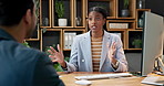 Client, woman and meeting with computer in office for insurance, risk assessment or policy advice. Advisor, help and speaking to person with desktop for protection plan, premium benefits and quote