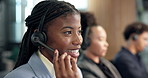 Headset, woman and call center consultant in office with crm, voip system or online consultation. Mic, talking and technical support agent in workplace with customer service, help desk or contact us.