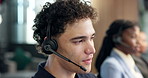 Headset, man and call center consultant in office with crm, voip system or online consultation. Mic, talking and technical support agent in workplace with customer service, help desk or contact us.