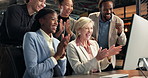 Happy, applause and business people with computer in office for achievement or good news together. Group, employees or colleagues clapping with smile or technology for winning or project success