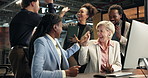 Happy, winning and business people with high five in office for project success or achievement. Excited, group or employees with computer, smile or team for celebration or good news in workplace