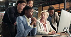 Meeting, computer and business people with bad news in office for missed deadline or project fail. Disappointed, group or employees with technology, team or stress for mistake or loss in workplace