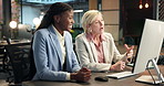 Happy, women and discussion with computer for business proposal, sharing ideas or collaboration. Female people, employees or team with technology for conversation, project or strategy in workplace