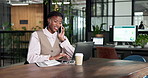 Business, phone call and woman with laptop, smile and financial advice for contact or communication. Happy, wealth manager and black person with tech, online and explaining investment with mobile
