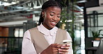 Employee, typing and woman with phone in office, financial advisor or communication on social media. Wealth manager, laughing and black person with mobile, happy and funny chat with contact on web