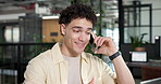 Phone call, chat and happy man with laptop in office, financial advisor and discussion with contact. Wealth management, communication and person with tech, online or explaining investment with mobile