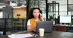 Office, phone call and businesswoman with laptop, info and financial advice for contact or research. Wealth management, communication and person with tech, typing or explaining investment with mobile