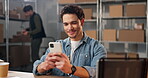 Happy, man and phone in small business for logistics, package dispatch or sales target in shipping. Staff, person or laugh with mobile for good review, delivery confirmation or typing digital receipt
