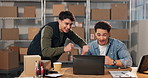 Fist pump, laptop and smile with men in logistics office for delivery or distribution success. Celebration, computer and handshake with supply chain team in workplace for ecommerce goals or target