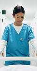 Woman, nurse and walk in hospital with stretcher, admission and emergency for urgent surgery. Pov, person and transfer in hallway with trolley, critical care and operation room for healthcare service