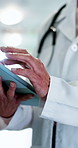 Tablet, woman and hands of doctor in clinic for research on medical diagnosis or treatment planning. Digital technology, scrolling and mature healthcare worker with telehealth on app in hospital.