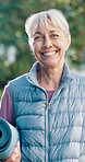 Fitness, face and old woman in backyard with yoga mat, active aging and confidence in workout hobby. Happy, bokeh or senior person with pride, health benefits or positive attitude in pilates activity