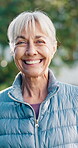 Wellness, face or senior woman in backyard with smile, fresh air or good mood on weekend break. Bokeh, confidence or old person with happy moment, outdoor unwind or positive attitude in retirement.