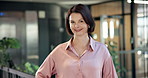 Sustainable, face or woman in office with smile, esg advisor or confidence in green business. Happy, portrait or mature csr specialist with pride, environmental services or about us as eco consultant