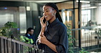 Business, woman and talking in office with phone call, discussion and buyer inquiry for resale. Smile, realtor or confirm in workplace with mobile, contact seller and schedule viewing for real estate