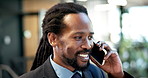 Smile, business and black man in office with phone call, discussion and buyer inquiry for resale. Happy, realtor and talk in workplace with mobile, contact seller and viewing reminder for real estate