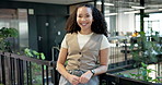 Sustainability, face and woman in office with laugh, esg advisor and confidence in eco startup. Happy, portrait and csr specialist with humor, environmental services and about us in green business.