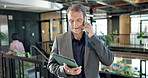 Corporate, man and tablet in office with phone call, research and buyer inquiry for real estate. Smile, mature realtor and talk in workplace with tech, contact seller and schedule viewing for auction