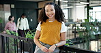 Sustainability, happy and woman in agency with face, esg advisor and confidence in eco startup. Smile, portrait and csr specialist with pride, environmental services and about us in green business.