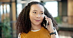 Thinking, business and woman in office with phone call, discussion and buyer inquiry for resale. Smile, realtor and talk in workplace with mobile, contact seller and schedule viewing for real estate
