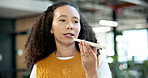 Business, woman and recording in office with phone, voice note and buyer inquiry for resale. Person, female realtor and talk in workplace with mobile, audio chat and viewing reminder for real estate