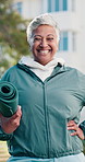 Fitness, face and old woman outdoor with yoga mat, active aging and confidence in workout hobby. Happy, bokeh or senior person with pride, health benefits or positive attitude in pilates activity.