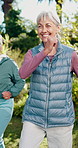 Park, cardio and senior woman with morning for fitness, exercise or training for wellness. Retirement, health club and routine with people outdoor in nature, happy and workout class with group